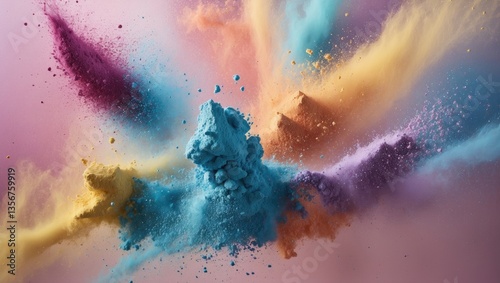 Vibrant explosion of colored powders in pink and pastel background with dynamic splashes of blue, yellow, orange, and purple creating a mesmerizing texture.