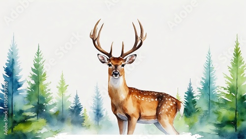 Watercolor depiction of a majestic deer centered on a white background surrounded by vibrant green pine trees with ample copy space below.