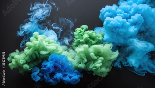 Colorful blue and green smoke swirls against a black background creating a vibrant contrast with soft textures and dynamic flow in the image