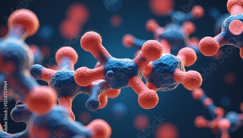 Molecular structure with red and blue spheres interconnected against a dark blue abstract backdrop illustrating scientific and biological themes