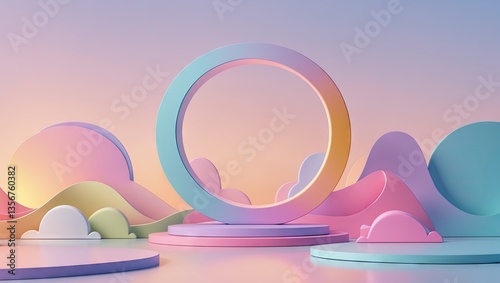 Pastel colored abstract landscape with circular frame and soft hills in shades of pink, blue, and green under a sunset sky.