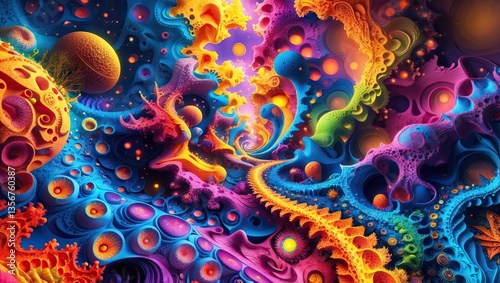 Vibrant fractal worlds featuring a dynamic arrangement of bright purples, blues, oranges, and yellows, evoking themes of fantasy and imagination.
