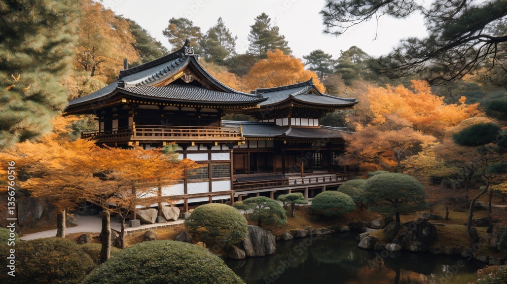Naklejka premium Tranquil Japanese Temple Scene with Autumn Foliage and Reflective Pond in a Garden Setting