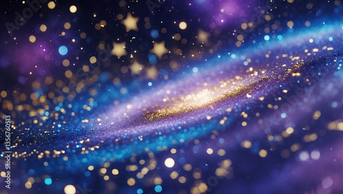 Vibrant cosmic galaxy swirling blue and purple hues with golden stars sparkling amidst shimmering lights creating a mystical atmosphere.