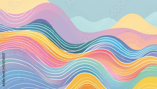 Pastel colored waves in soft pinks, blues, and yellows creating a seamless abstract background with gentle curves and fluid lines flowing harmoniously.