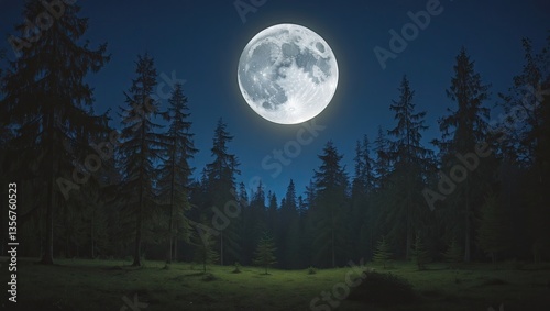 Vibrant full moon illuminating a dark forest with tall evergreen trees, deep blue night sky above, ideal for adding text or design elements.