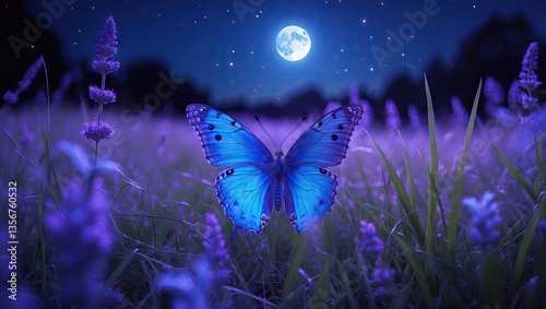 Blue butterfly on vibrant purple flowers under a glowing moonlit sky with stars creating a serene nighttime atmosphere in a blooming field