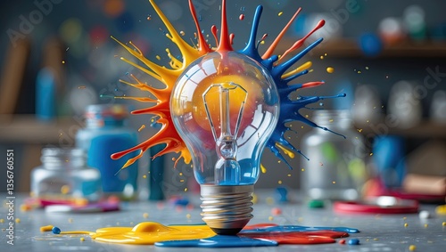Colorful light bulb surrounded by vibrant splashes of blue, orange and yellow paint on a blurred background with jars and scattered art supplies