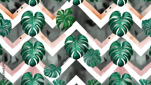 Tropical Monstera leaves in vibrant green scattered against a geometric zigzag striped background in gray, pink, and white hues.