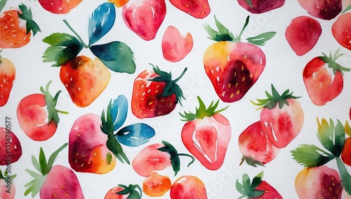 Hand-painted repeating pattern of vibrant red and pink strawberries with green leaves on a white background showcasing a colorful watercolor style.
