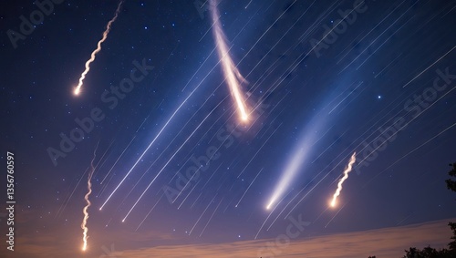 Streaks of luminous meteors light up a deep blue night sky with orange trails of incineration creating a mesmerizing cosmic spectacle.