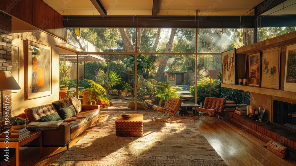 Fototapeta premium Cozy modern living room with large windows overlooking a lush garden, featuring warm lighting and art