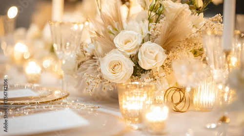 Elegant Banquet Table: A stunning, close-up perspective on a beautifully arranged banquet table, adorned with fresh white roses, delicate candles and shimmering glassware.