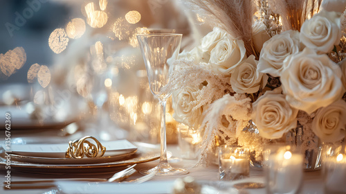 Elegant Table Setting: A beautifully styled table setting featuring soft lighting, delicate flowers, and luxurious tableware, creating an atmosphere of refined celebration and memorable occasions.