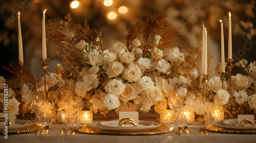 Golden Table Setting: A meticulously arranged table setting exudes luxury and elegance, featuring exquisite floral arrangements, flickering candles, and shimmering golden accents.