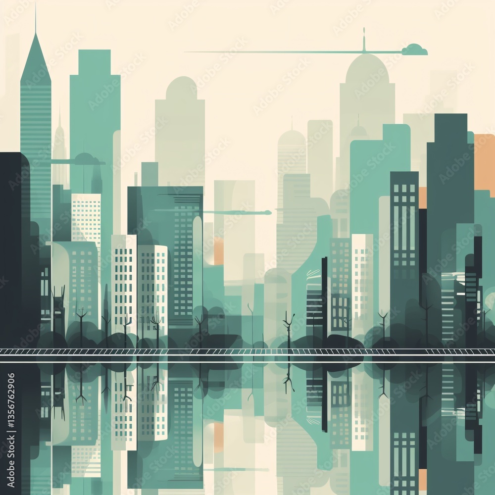 Fototapeta premium Urban Skyline Silhouette Water Reflection Graphic Cityscape Design Architectural Illustration