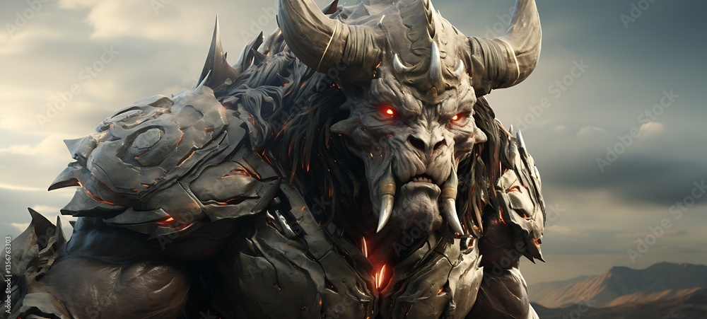 Fototapeta premium Epic War Wild minotaur cleric giant Robot with an armoured safir crystal, ai generative
