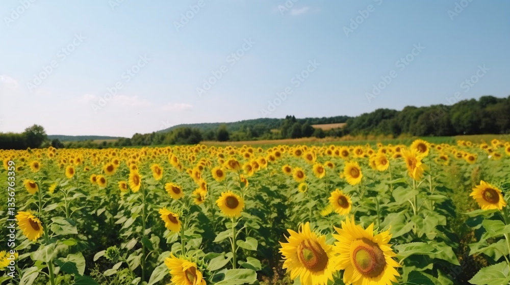 Obraz premium Vibrant Sunflower Field under a Clear Blue Sky on a Bright Sunny Day with Rolling Hills
