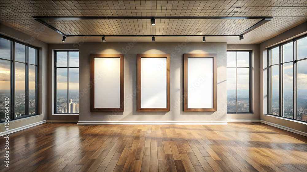 Fototapeta premium Minimalist Gallery Space with Large Windows and Blank Canvas Frames