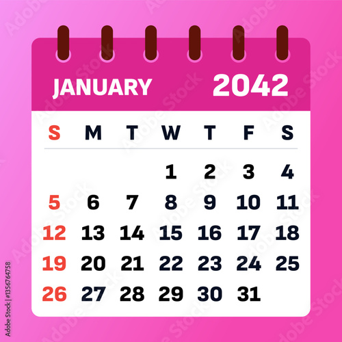 2042 January Calendar. Vector January 2042 Planner. Clean Monthly Layout. Minimalist Flat Design. Editable Template. Printable Calendar Illustration