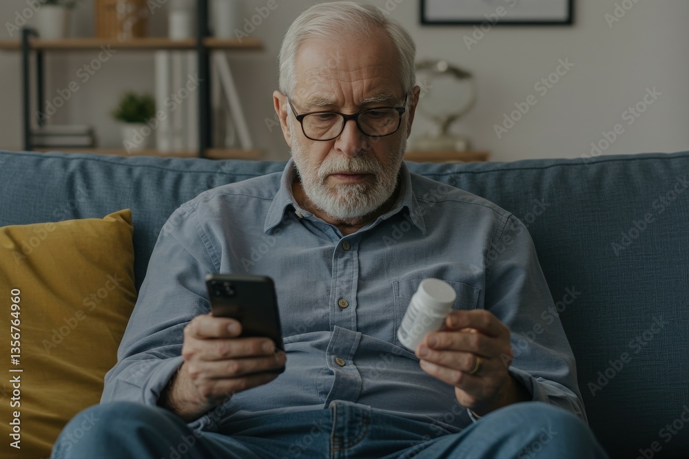 Phone, pills and senior man at home, reading label, medicine information and confused for telehealth service or FAQ. Elderly person on sofa with pharmaceutical bottle or tablet with mobile questions