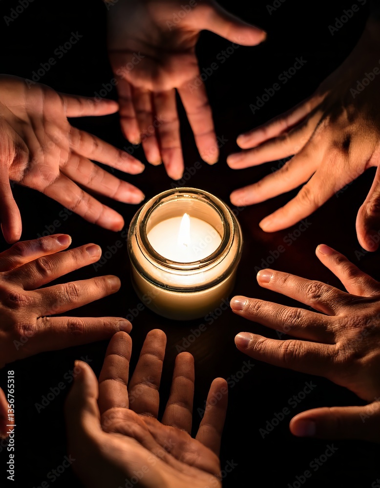 Group of hands gathered around a lit candle during an evening gathering for connection and reflection Group of hands gathered around a lit candle during an evening gathering for connection and reflection