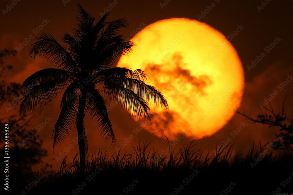 Obraz premium Sunset over a tropical landscape with a silhouetted palm tree and vibrant colors in the sky
