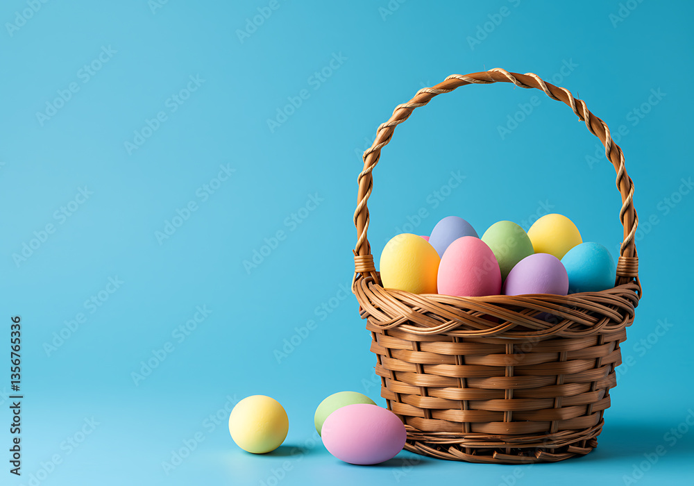 Naklejka premium A charming woven basket overflows with colorful pastel Easter eggs against a bright blue backdrop.