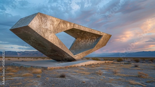 Abstract geometric sculpture on a desert landscape under a colorful sunset, showcasing modern art