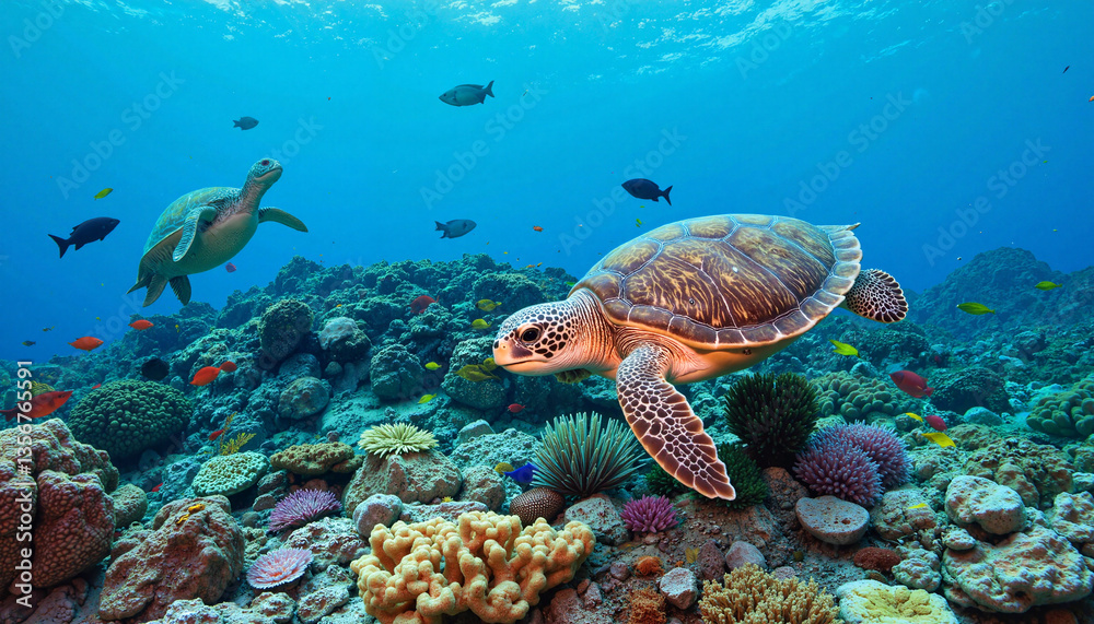 Fototapeta premium Sea turtles swimming among colorful coral reefs