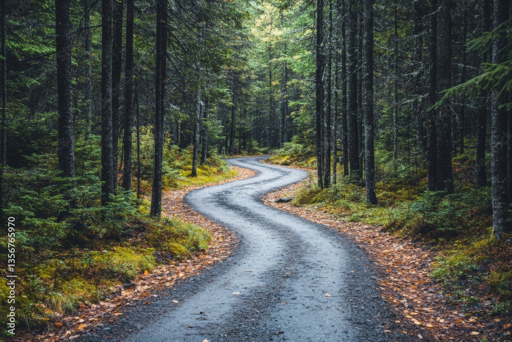 Naklejka premium Curving pathway through a dense forest during early morning with soft light filtering through the trees