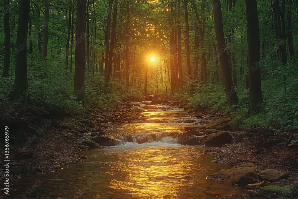Naklejka premium Golden sunlight filters through trees over a serene forest stream at dusk