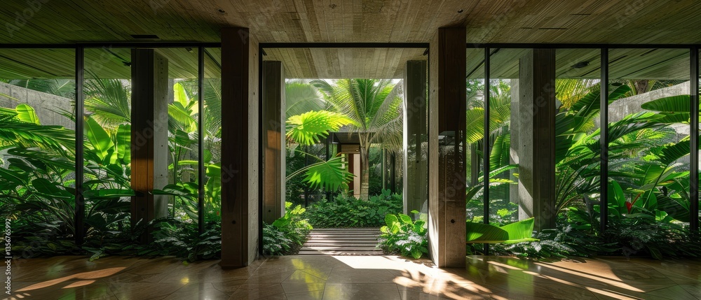 Fototapeta premium Modern architectural interior with lush greenery visible through large glass doors, serene atmosphere