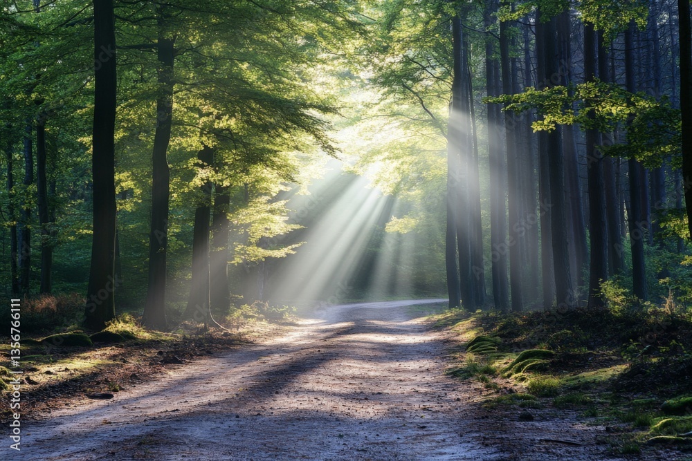 Naklejka premium Sunlight filters through trees in a serene forest landscape at dawn, casting enchanting shadows on a dirt path