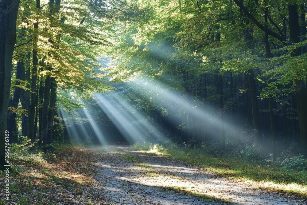 Fototapeta premium Sunlight filters through trees illuminating a serene forest path during early morning hours