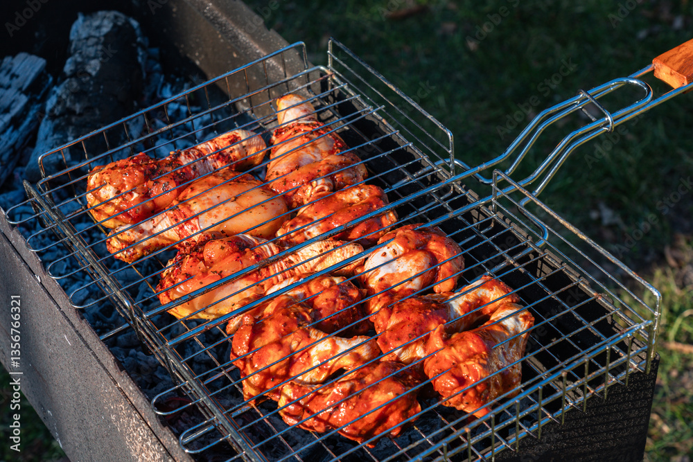 close up view of raw chicken legs in a grill grate above charcoal grill close up view of raw chicken legs in a grill grate above charcoal grill
