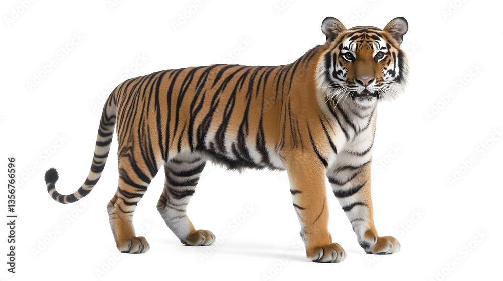 Obraz premium A realistic depiction of a majestic tiger, showcasing its distinctive orange coat and black stripes, standing confidently