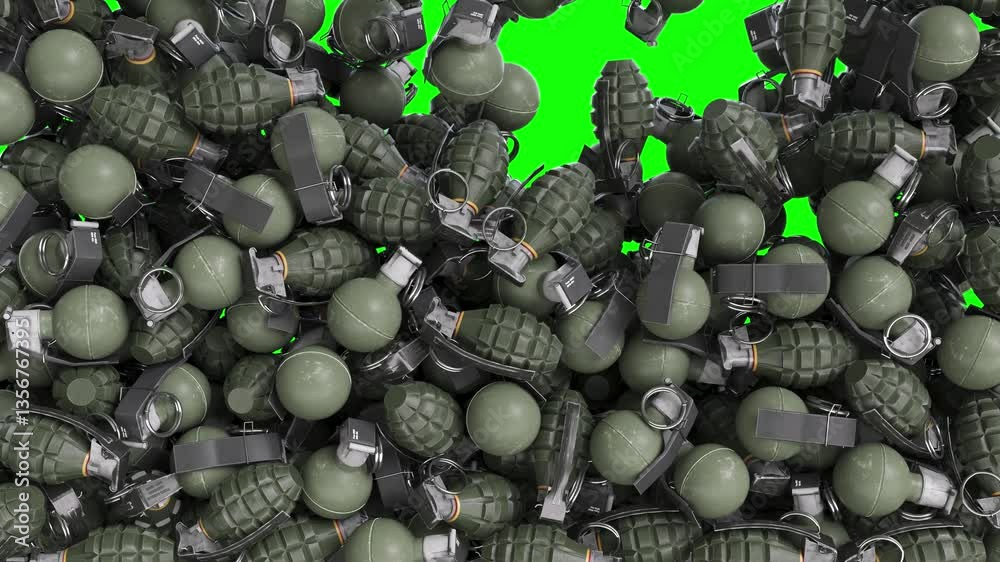 Grenades falling down and filling the green screen. Explosive grenade ...