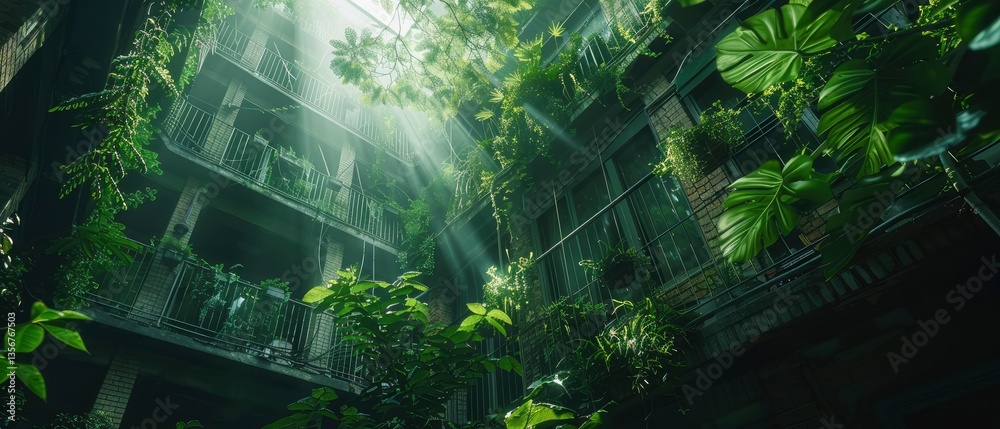 Obraz premium Lush green courtyard filled with plants, sunlight streaming down, creating a serene urban oasis