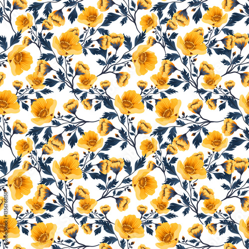 Flowers, yellow, pattern, leaves, blue, art, painting, fabric pattern