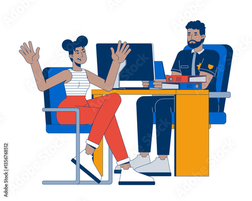Emotional victim reporting crime to police officer 2D cartoon characters. Distressed black woman explaining to african american policeman flat vector people isolated on white. Spot illustration