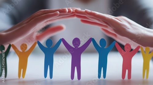 Paper people under hands in gesture of protection