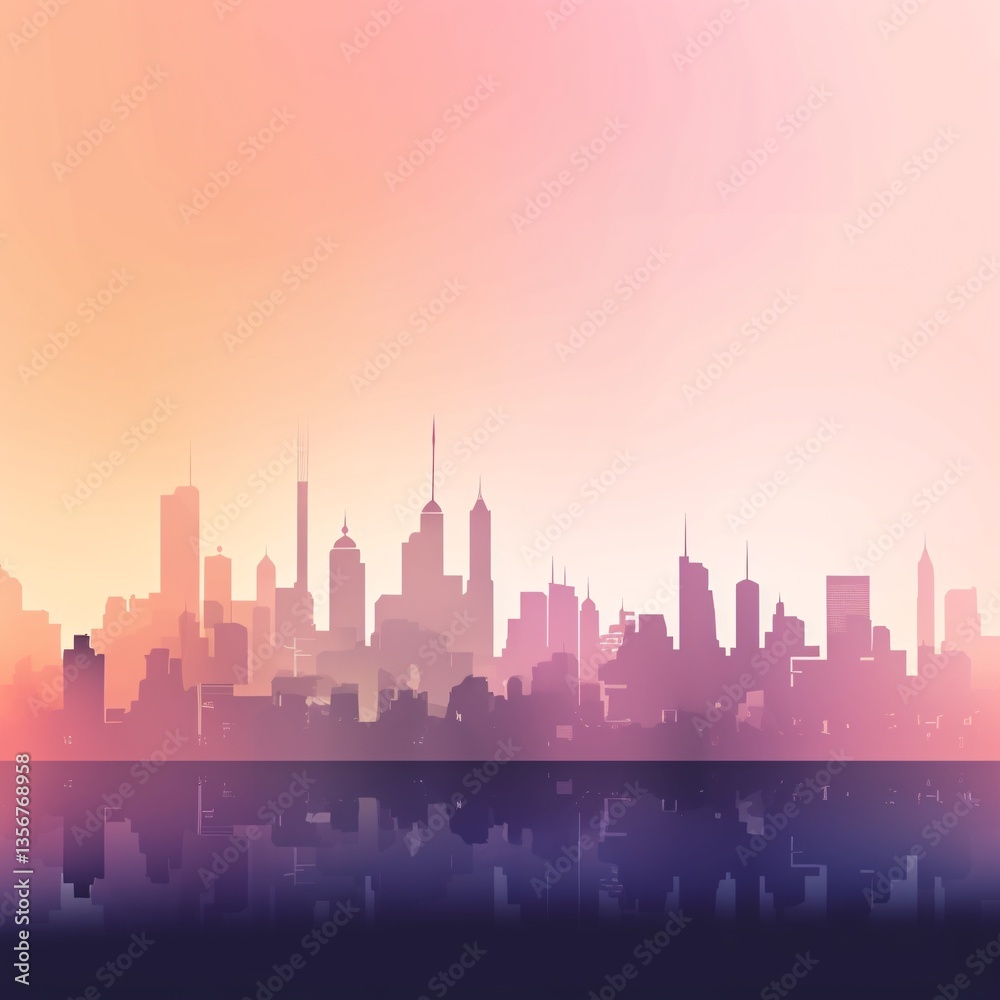 Fototapeta premium Cityscape Silhouette Reflecting on Water Surface against a Gradient Sunrise Sky Vector Illustration