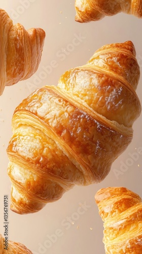Top view photo of some perfect croissant flying in motion isolated on clear pink creamy background