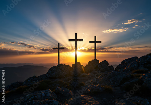Three crosses stand silhouetted on a mountain peak as the sun sets, symbolizing faith and hope.
