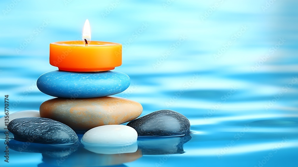 Fototapeta premium Lit candle on balanced stones floating on water.