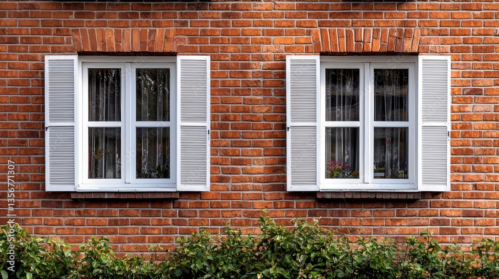 Charming Red Brick Wall with Two White Windows and Greenery Below Charming Red Brick Wall with Two White Windows and Greenery Below