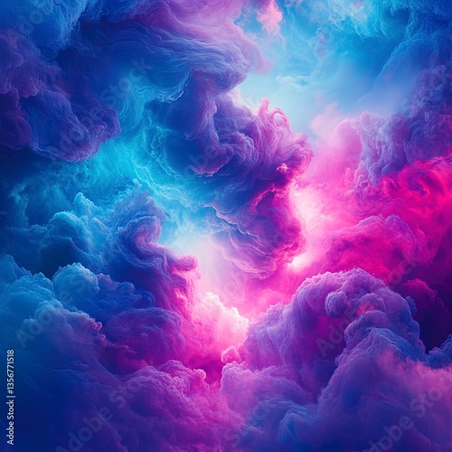 Bright magenta and cyan clouds, vibrant and energetic with fluid glossy patterns