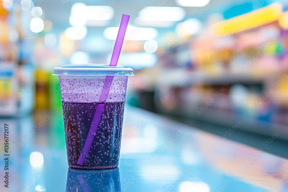 Refreshing fizzy drink with purple color served in a transparent cup at a convenience store Refreshing fizzy drink with purple color served in a transparent cup at a convenience store