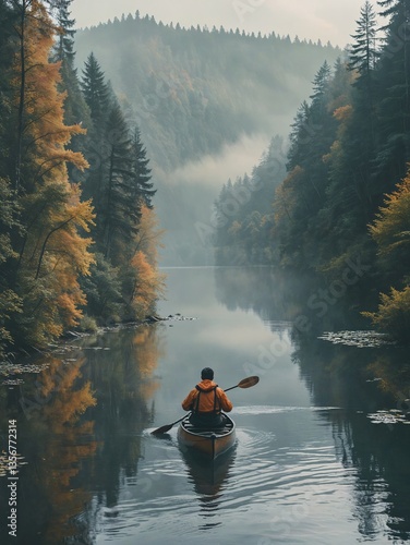 A person in a canoe paddling on a calm lake surrounded by a dense forest during autumn